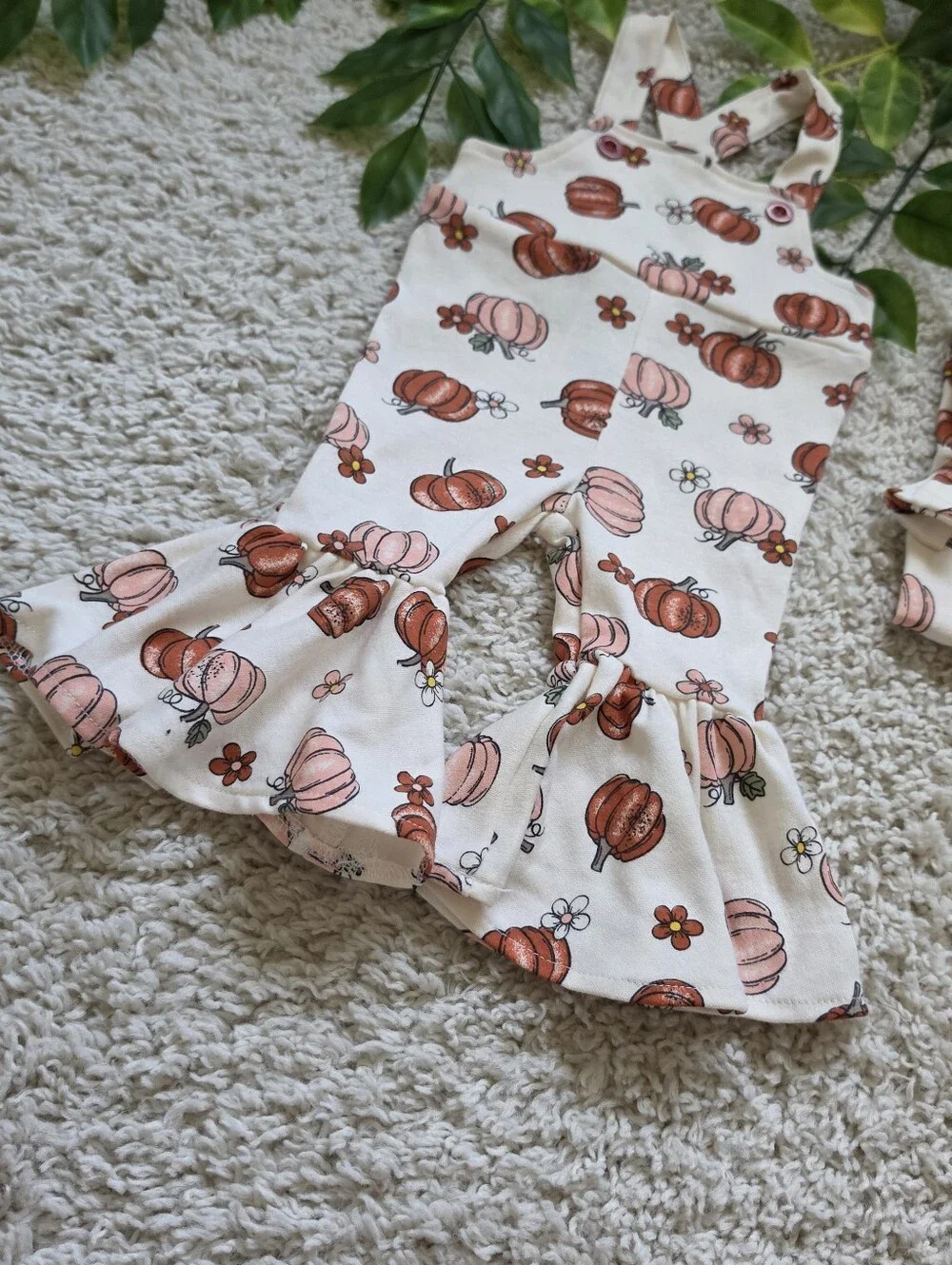 Baby Girl Pumpkin Ruffle Overalls + Headband (0-3 Months)